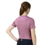 Back of a soft lavender hy equestrian synergy t-shirt grape with short sleeves collar and branded logo in super soft material