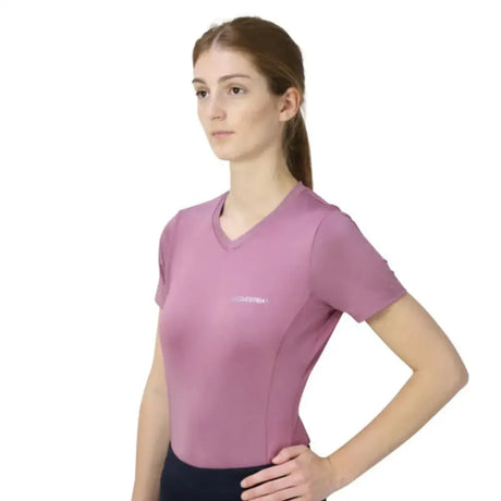 A soft lavender hy equestrian synergy t-shirt grape with short sleeves v neck and subtle brand logo in super soft material