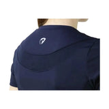 Navy blue short-sleeved hoodie with white logo on shoulder seam perfect for equestrian synergy t-shirt style