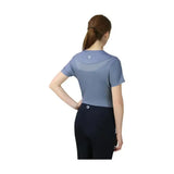 Light blue short-sleeved equestrian synergy t-shirt riviera with subtle gradient and mesh paneling on the back