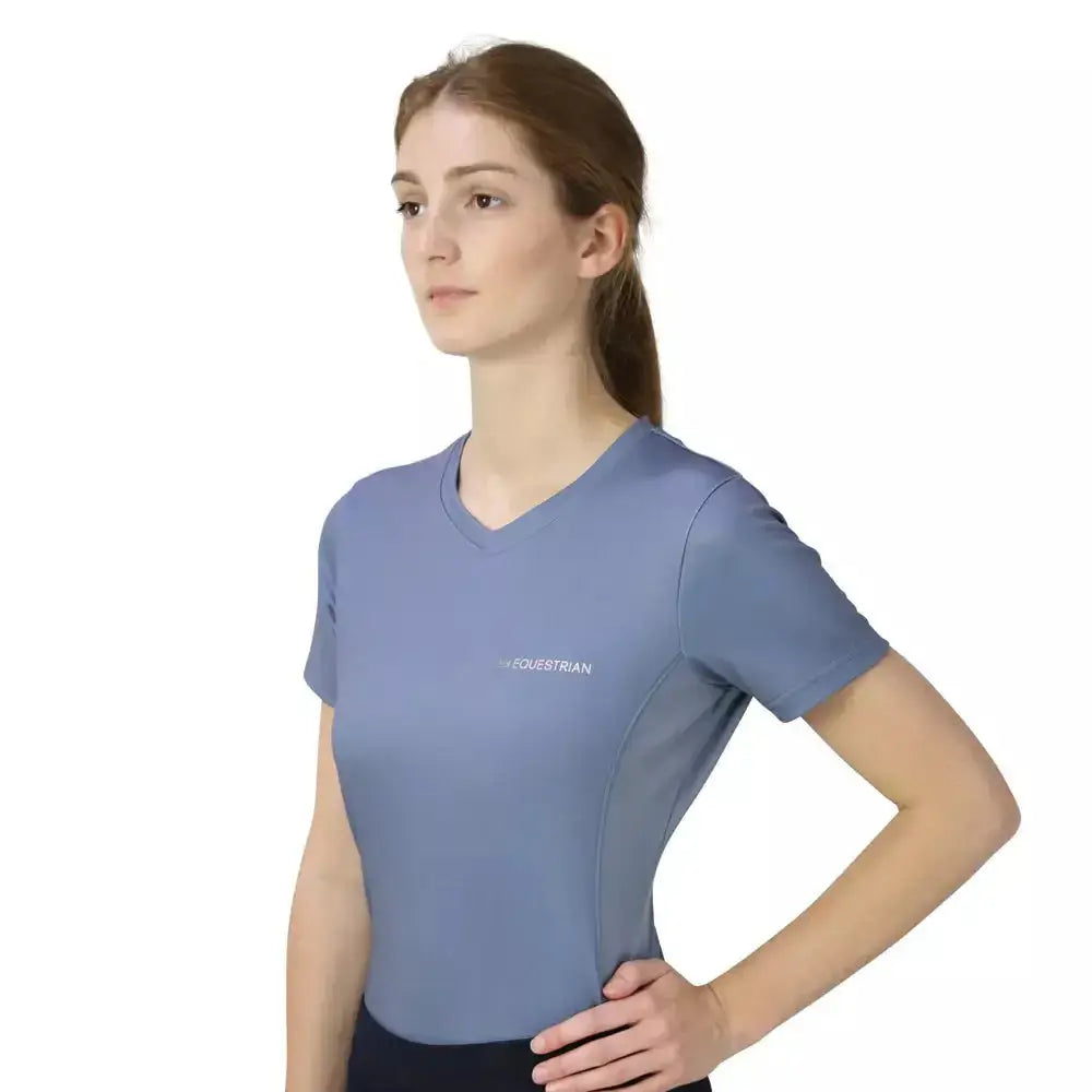 Light blue short sleeve v neck hy equestrian synergy t-shirt with subtle logo embroidered on left chest synergy t-shirt riviera