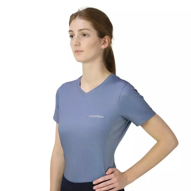 Light blue short sleeve v neck hy equestrian synergy t-shirt with subtle logo embroidered on left chest synergy t-shirt riviera