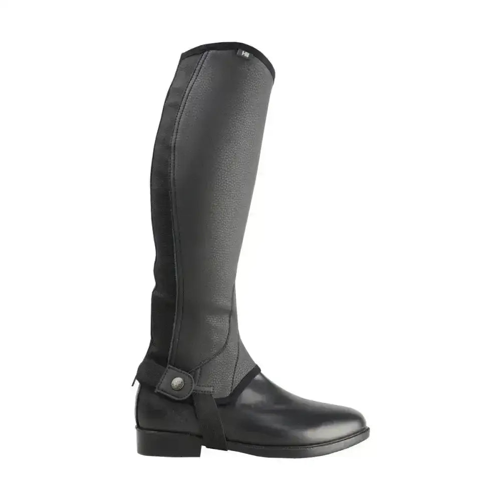 Black leather equestrian synthetic combi boot gaiter with smooth texture and secure strap closure for riding use