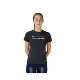 Black short-sleeved equestrian t-shirt with hy equestrian foil logo stands printed in white and pink across the chest