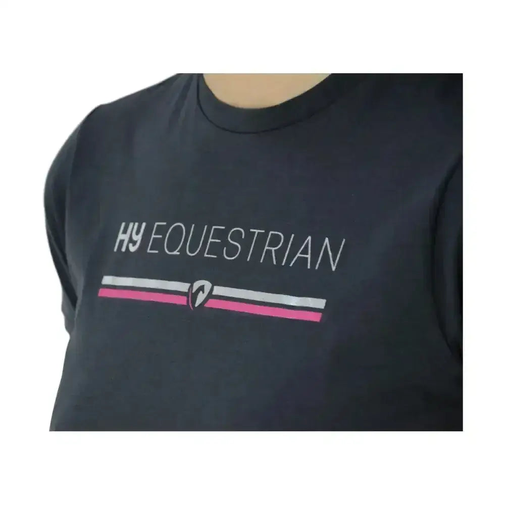 Black short-sleeved hy equestrian t-shirt with white foil logo stands and pink gray stripes, perfect equestrian t-shirt or polo shirts