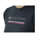 Black short-sleeved hy equestrian t-shirt with white foil logo stands and pink gray stripes, perfect equestrian t-shirt or polo shirts