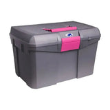 Gray plastic hy equestrian tack box with pink handle and latch blue horse logo ideal high specification grooming box