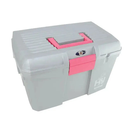Gray plastic hy equestrian tack box with pink handle and latch accents perfect as a high specification grooming box