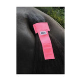 Bright pink reflective equestrian tail band with white hayz label designed as a tail guard for horse’s tail