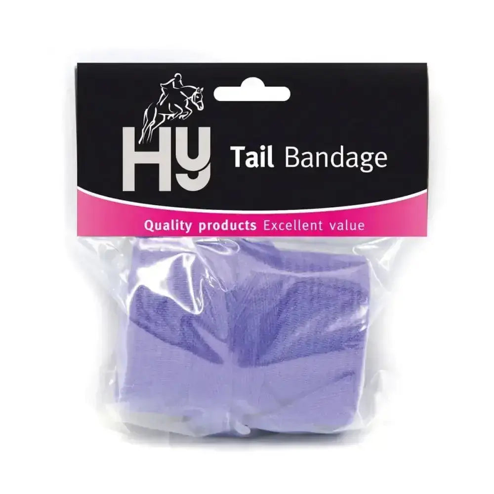 Purple hy equestrian tail bandage in clear plastic packaging made from quality cotton elasticated fabric