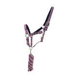 Pink and black plaid equestrian tartan head collar with matching rope lead for stylish horse riding use