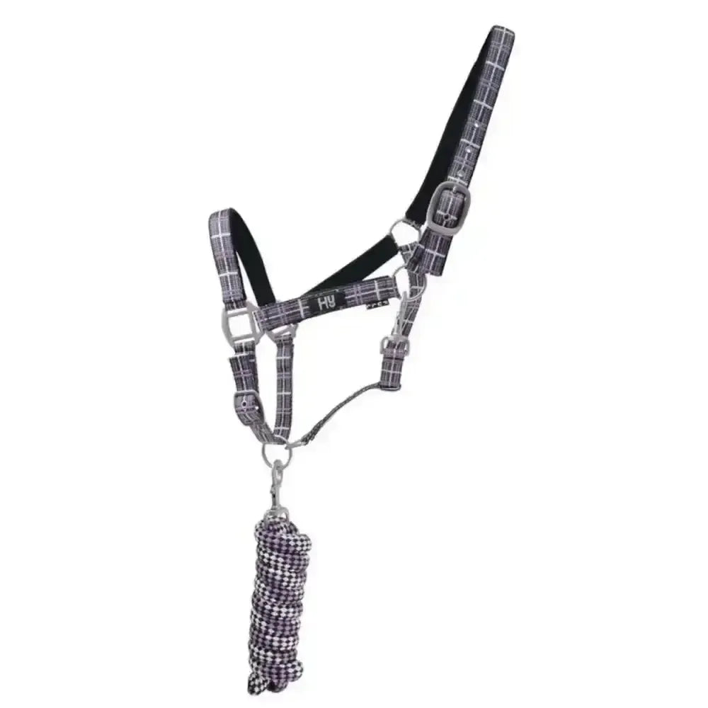 Hy Equestrian Tartan Head Collar with Lead Rope Pink/Navy/Kingfisher Blue Pony Headcollar Sets