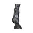 Black equestrian tendon boots with durable open-fronted hy equestrian design and branded logo patch for great protection