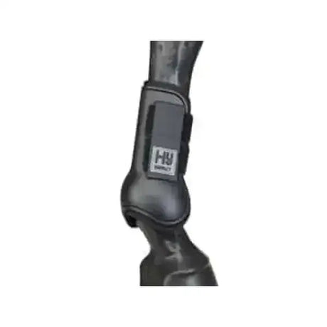 Black equestrian tendon boots with durable open-fronted hy equestrian design and branded logo patch for great protection