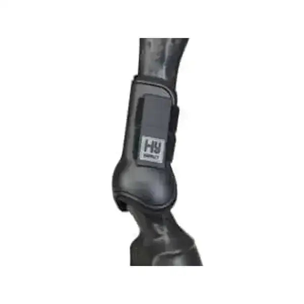 Black equestrian tendon boots with durable open-fronted hy equestrian design and branded logo patch for great protection