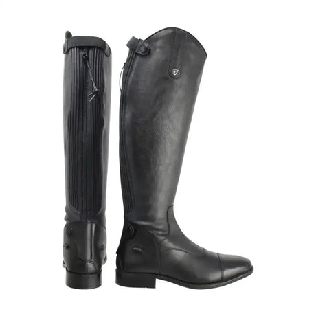 Black leather hy equestrian terre riding boots with sleek polished finish and subtle brand emblem on the side