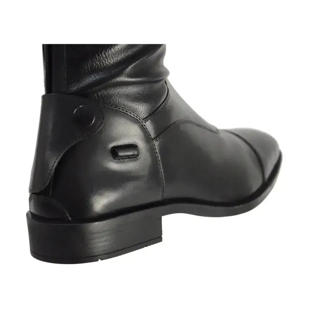 Black leather terre riding boots by hy equestrian with sleek polished finish and reinforced stitching for long riding boots