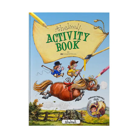 Thelwell collection activity book cover with two kids riding a horse holding pencils and paintbrushes in bright blue sky