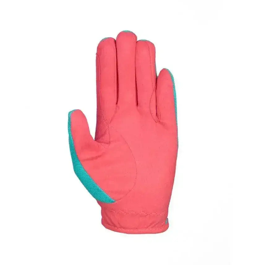 Pink and teal equestrian thelwell collection all rounder riding gloves with textured fabric and amara grip palm viewed from back side