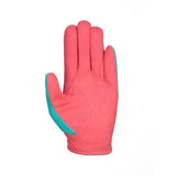 Pink and teal equestrian thelwell collection all rounder riding gloves with textured fabric and amara grip palm viewed from back side
