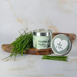 Silver tin long-lasting aromatic candle with light green meadow hay magic label from equestrian thelwell collection