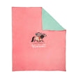 Pink plush fleece blanket with mint green underside and embroidered cartoon horse from thelwell collection fleece
