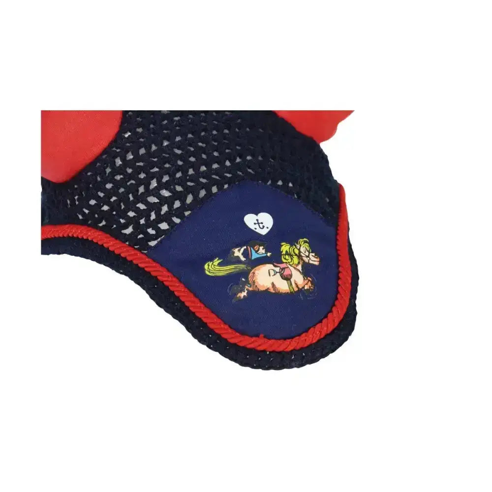 Navy blue and red knitted horse blanket from hy equestrian thelwell collection fly veil with cartoon rider design and quality close-knit crochet