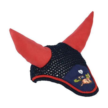 Red velvet horns on navy blue mesh with embroidered cartoon design in equestrian thelwell collection fly veil