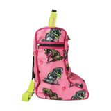 Pink dog-themed shoulder bag from hy equestrian thelwell collection hugs jodhpur boot with neon green straps and illustrated dogs