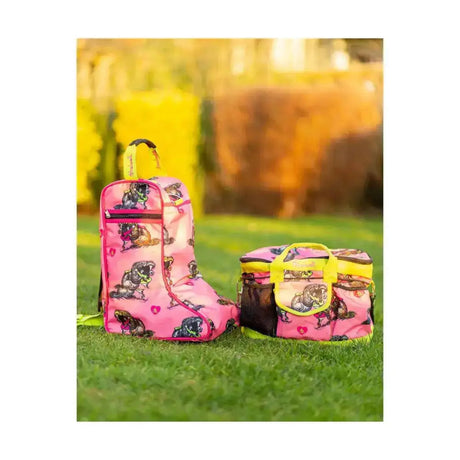 Pink horse themed jodhpur boot bag with yellow trim and hearts from hy equestrian thelwell collection hugs
