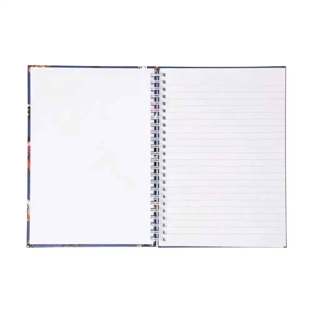Open navy blue spiral-bound notebook with floral cover and lined pages from the equestrian thelwell collection jumps