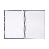 Open navy blue spiral-bound notebook with floral cover and lined pages from the equestrian thelwell collection jumps