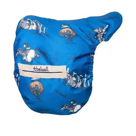 Blue reusable cloth diaper with playful black white and brown horse and rider pattern from equestrian thelwell collection jumps saddle cover