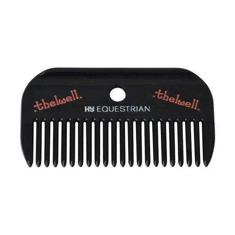 Black plastic handy mane comb from hy equestrian thelwell collection with red and white branding for grooming use