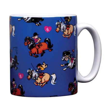 Blue ceramic mug from Hy equestrian thelwell collection mugs with playful classic thelwell character riders design