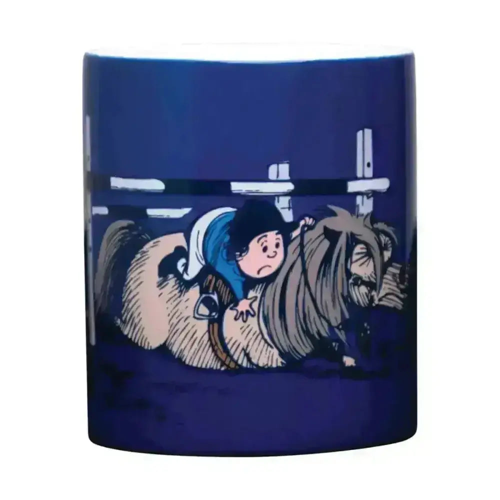 A navy blue ceramic mug from the equestrian thelwell collection featuring a classic thelwell character on a horse