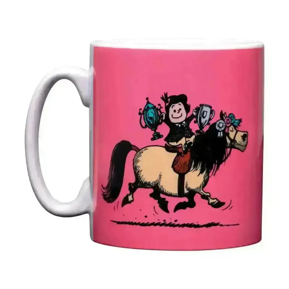 Pink ceramic mug from the equestrian thelwell collection featuring a classic thelwell character jockey with trophies