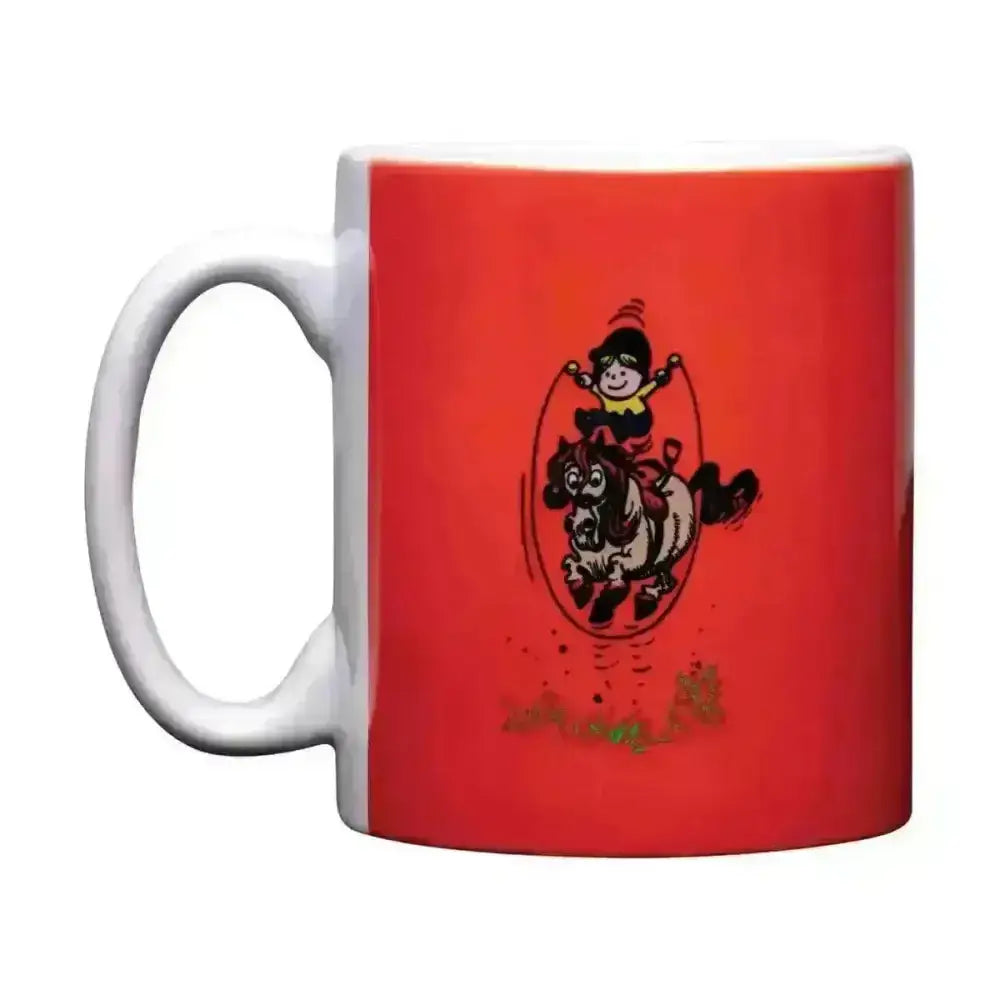 Red ceramic mug from hy equestrian thelwell collection mugs with classic thelwell character riding a horse jumping hoop