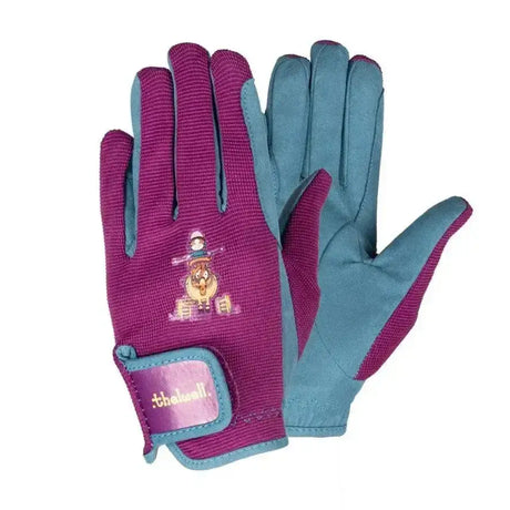 Back of purple and teal children’s gardening gloves from the equestrian thelwell collection with pony character embroidery