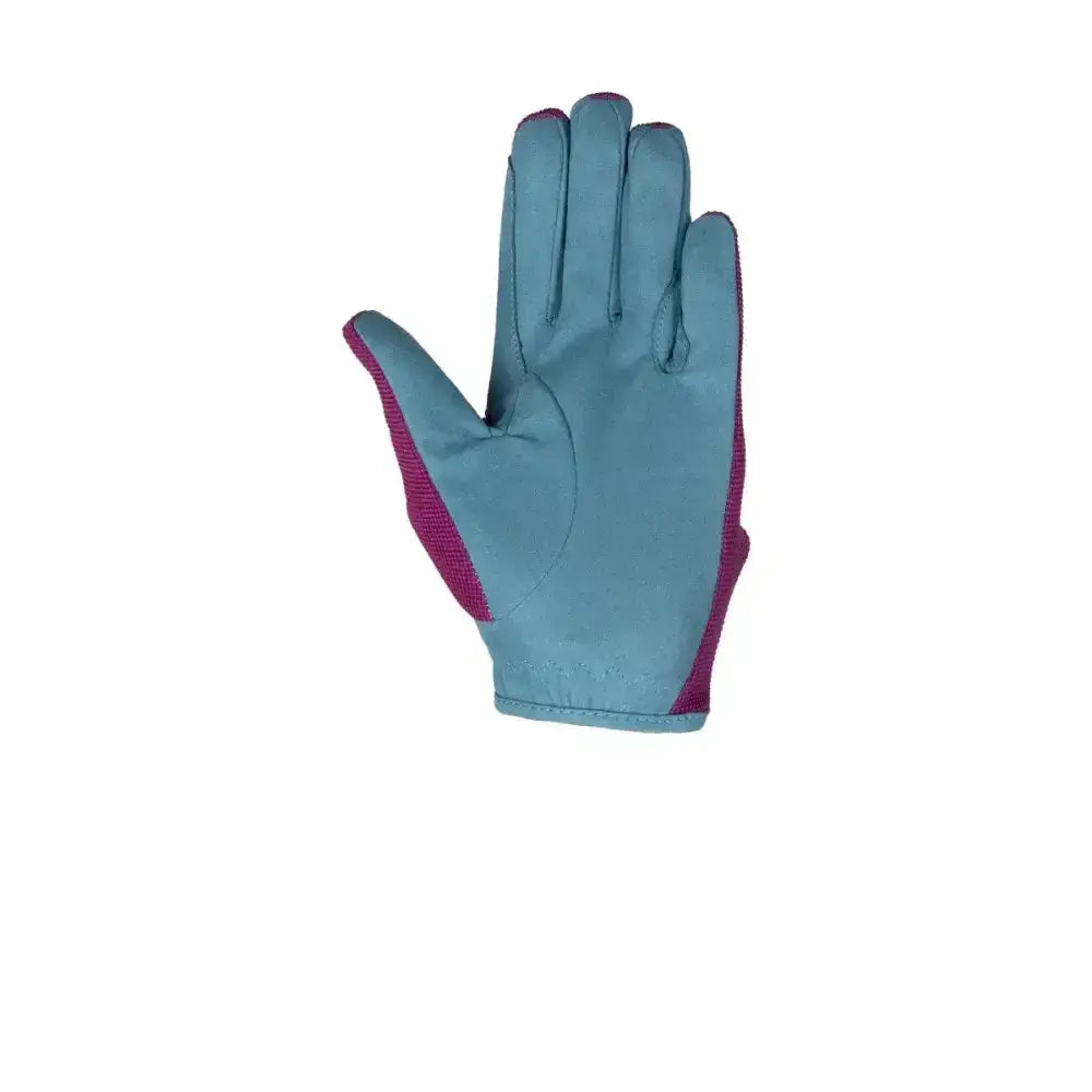 Back of a teal and magenta Hy Equestrian Thelwell Collection pony riding glove with reinforced fabric panels