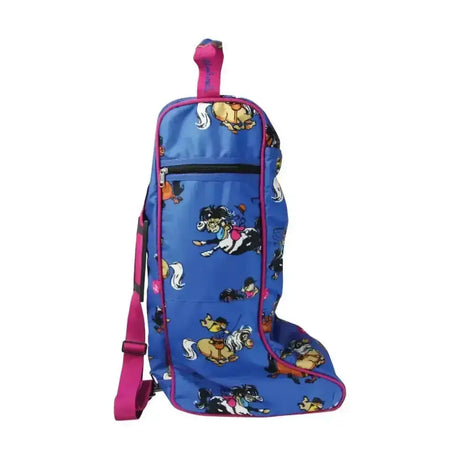Blue horse-themed race boot bag from hy equestrian thelwell collection with pink trim and adjustable strap