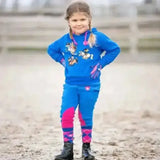 Blue fleece tots jodhpurs with unicorn hoodie and argyle leggings from hy equestrian thelwell collection race