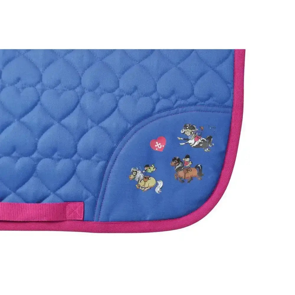 Blue quilted breathable saddle pad from hy equestrian thelwell collection race with pink trim and cartoon horse stickers