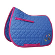 Blue quilted breathable saddle pad with pink trim and cartoon horse appliques from hy equestrian thelwell collection race