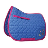Blue quilted breathable saddle pad with pink trim and cartoon horse appliques from hy equestrian thelwell collection race