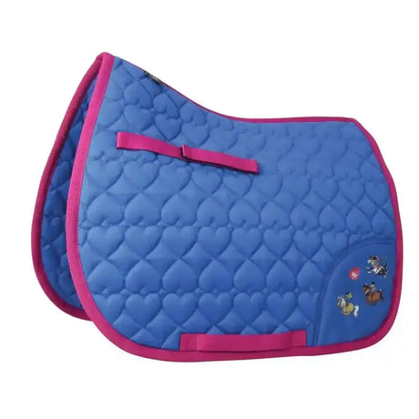 Blue quilted breathable saddle pad with pink trim and cartoon horse appliques from hy equestrian thelwell collection race