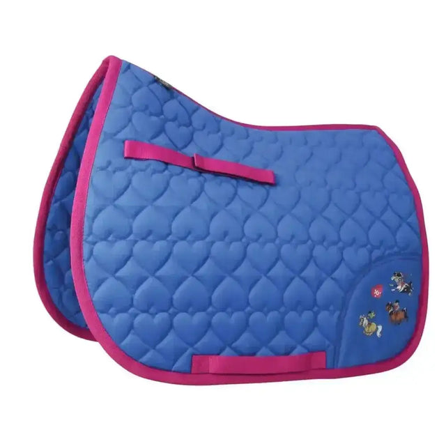 Blue quilted breathable saddle pad with pink trim and cartoon horse appliques from hy equestrian thelwell collection race