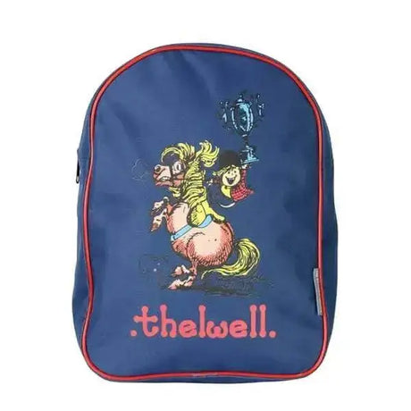 A navy blue hy equestrian thelwell collection rucksack with red trim and a cartoon horse and rider holding a trophy