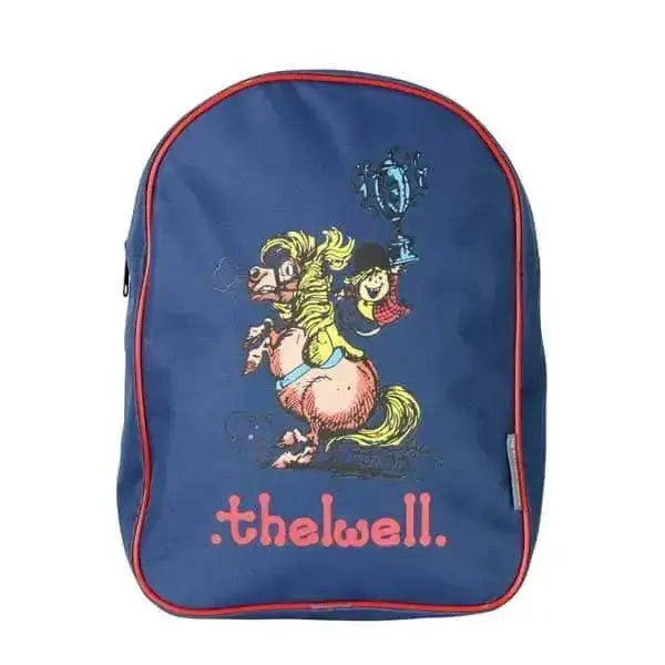 A navy blue hy equestrian thelwell collection rucksack with red trim and a cartoon horse and rider holding a trophy