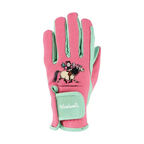 Back of pink and mint green kids riding gloves with cartoon horse design from hy equestrian thelwell collection trophy with reinforced rein fingers
